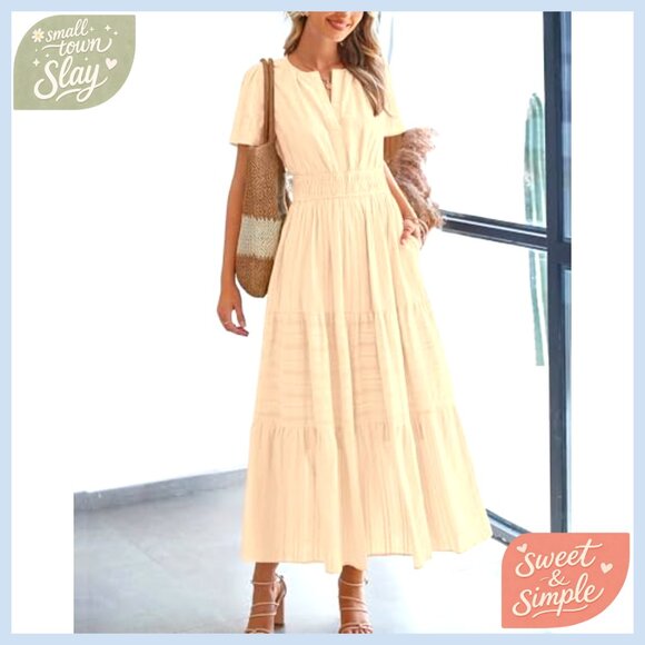 Lightweight Maxi Dress with Pockets, V-Neck, Elastic Waist - Summer Boho - Picture 2 of 7